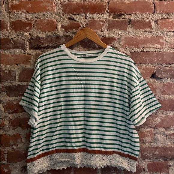 Zara Green & White Striped Crochet Trim Short Sleeve T-Shirt. - Picture 5 of 5